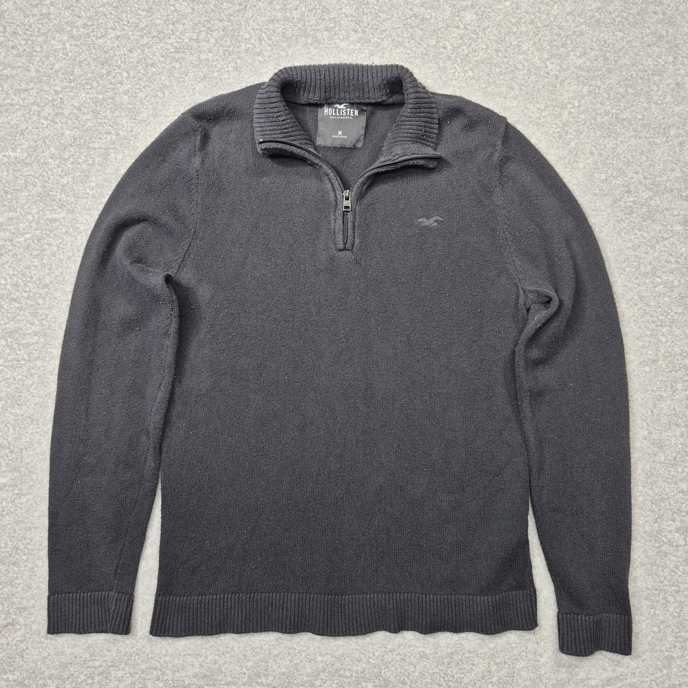Hollister Sweater Mens M Black Quarter Zip Mock Neck Pullover Cotton Knit Preppy
